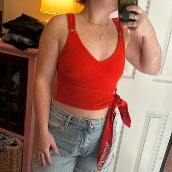 Free People Paisley Pop Red Orange Crop Tie Tank - Picture 2 of 5